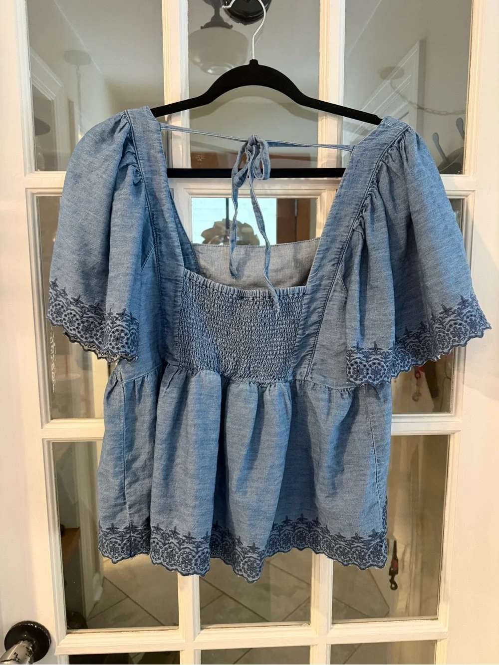 Old Navy Light Blue Chambray Embroidered Square Neck Blouse